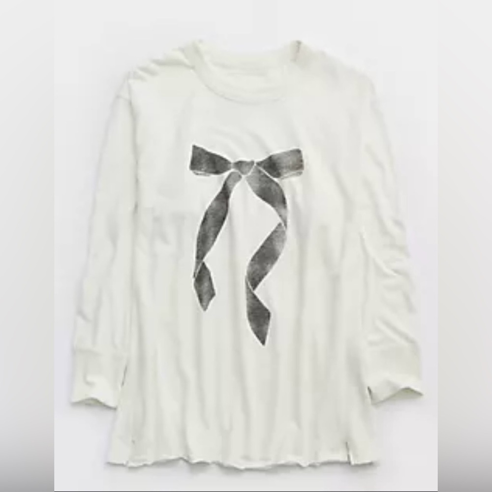 Aerie Cozy Oversized Boyfriend Graphic T-shirt Soft Muslin Cream Charcoal Bow XS - Picture 5 of 11